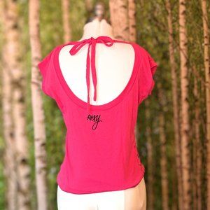 Roxy open tie back w bow, hot pink tee with floral graphic and logo, sz small
